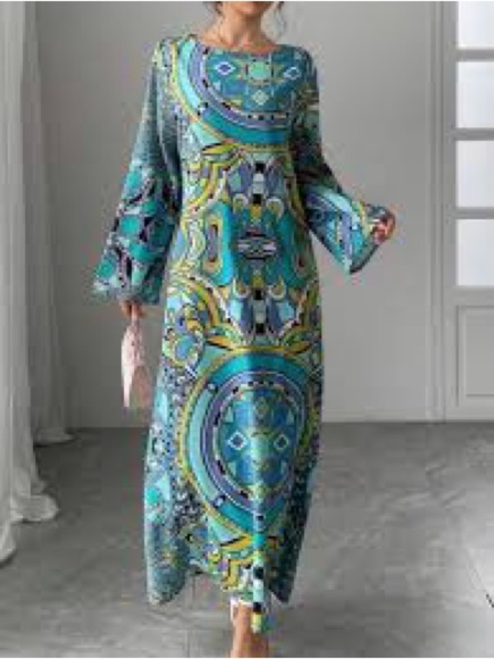 Abstract Geo-Print Kaftan/Dress in Teal and Yellow. Medium